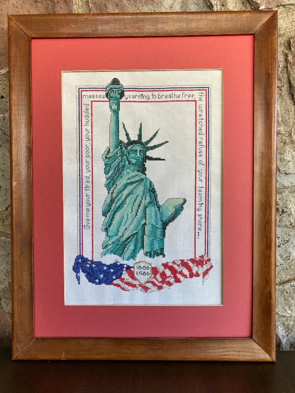 Vintage Handmade Cross Stitch Statue of Liberty U.S. Flag Preworked Framed 16x22